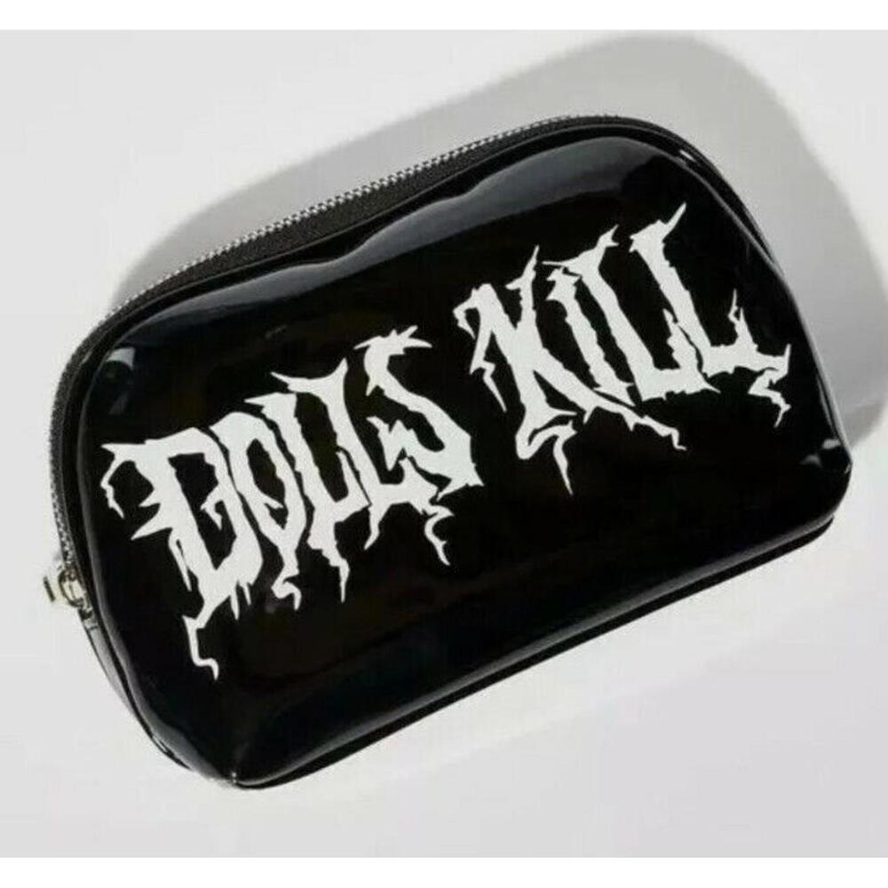 DOLLS KILL Makeup Cosmetic Bag Black Faux Leather w/Zipper  8"x6"x3" Brand New!